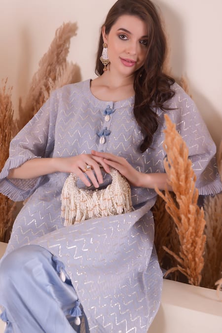 Buy_Surabhi Arya_Purple Chanderi, Cotton Tassels Round Wave Gota Pattern Kurta And Dhoti Pant Set 