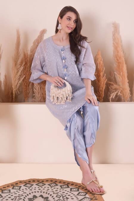 Shop_Surabhi Arya_Purple Chanderi, Cotton Tassels Round Wave Gota Pattern Kurta And Dhoti Pant Set 