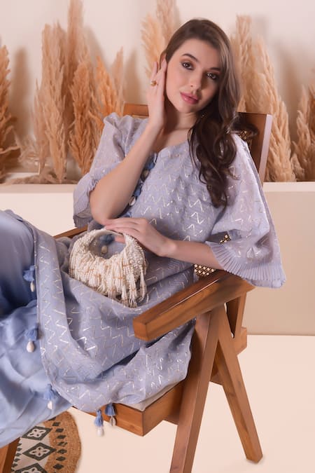 Surabhi Arya_Blue Chanderi, Organza Pearls, Embroidery, Gota Patti, Zari Split Kurta Set _Online_at_Aza_Fashions
