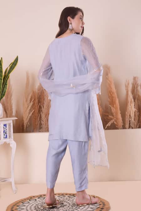 Shop Surabhi Arya Blue Chanderi, Organza Pearls, Embroidery, Gota Patti Floral Border Kurta Set at Aza Fashions Shop_Surabhi Arya_Blue Chanderi, Organza Pearls, Embroidery, Gota Patti Floral Border Kurta Set _at_Aza_Fashions