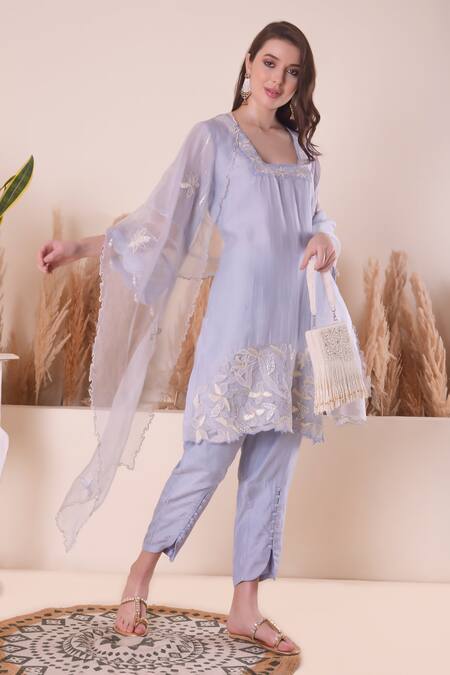 Surabhi Arya Blue Chanderi, Organza Pearls, Embroidery, Gota Patti Floral Border Kurta Set Online at Aza Fashions Surabhi Arya_Blue Chanderi, Organza Pearls, Embroidery, Gota Patti Floral Border Kurta Set _Online_at_Aza_Fashions