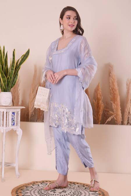 Buy Surabhi Arya Blue Chanderi, Organza Pearls, Embroidery, Gota Patti Floral Border Kurta Set Online at Aza Fashions Buy_Surabhi Arya_Blue Chanderi, Organza Pearls, Embroidery, Gota Patti Floral Border Kurta Set _Online_at_Aza_Fashions