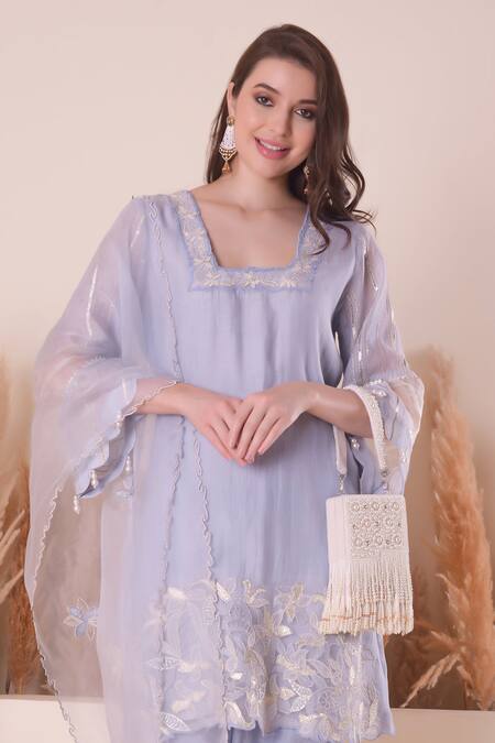 Shop Surabhi Arya Blue Chanderi, Organza Pearls, Embroidery, Gota Patti Floral Border Kurta Set Online at Aza Fashions Shop_Surabhi Arya_Blue Chanderi, Organza Pearls, Embroidery, Gota Patti Floral Border Kurta Set _Online_at_Aza_Fashions