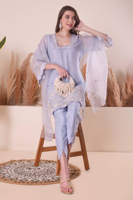 Buy Surabhi Arya Blue Chanderi, Organza Pearls, Embroidery, Gota Patti Floral Border Kurta Set Buy_Surabhi Arya_Blue Chanderi, Organza Pearls, Embroidery, Gota Patti Floral Border Kurta Set