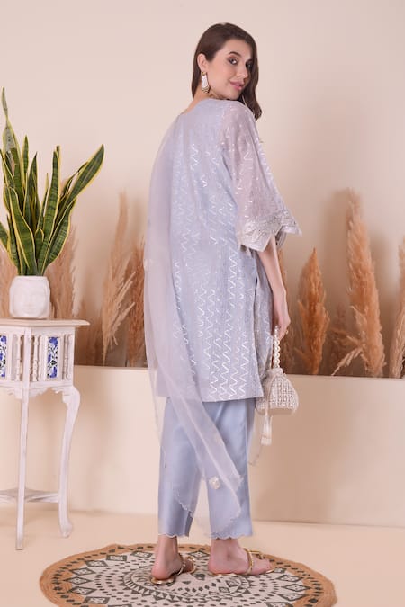 Shop_Surabhi Arya_Blue Chanderi, Organza Gota Patti, Sequins, Mirrors V-neck Embroidered Kurta Set _at_Aza_Fashions
