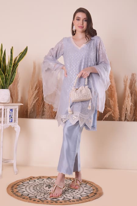 Buy_Surabhi Arya_Blue Chanderi, Organza Gota Patti, Sequins, Mirrors V-neck Embroidered Kurta Set _Online_at_Aza_Fashions