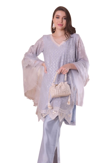 Surabhi Arya_Blue Chanderi, Organza Gota Patti, Sequins, Mirrors V-neck Embroidered Kurta Set _at_Aza_Fashions
