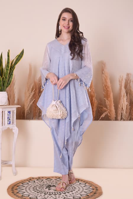 Surabhi Arya Blue Kurta And Pant Mul Chanderi Embroidery Gota V Stripe Asymmetric & Set  2