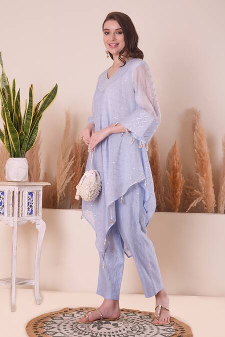 Surabhi Arya Blue Kurta And Pant Mul Chanderi Embroidery Gota V Stripe Asymmetric & Set  6