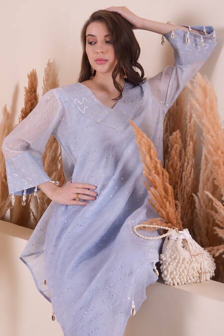 Surabhi Arya Blue Kurta And Pant Mul Chanderi Embroidery Gota V Stripe Asymmetric & Set  7