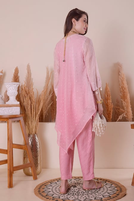 Shop_Surabhi Arya_Pink Chanderi, Cotton Gota Patti, Stripe Pattern Asymmetric Kurta And Pant Set _at_Aza_Fashions