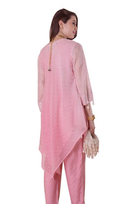 Surabhi Arya_Pink Chanderi, Cotton Gota Patti, Stripe Pattern Asymmetric Kurta And Pant Set _Online_at_Aza_Fashions