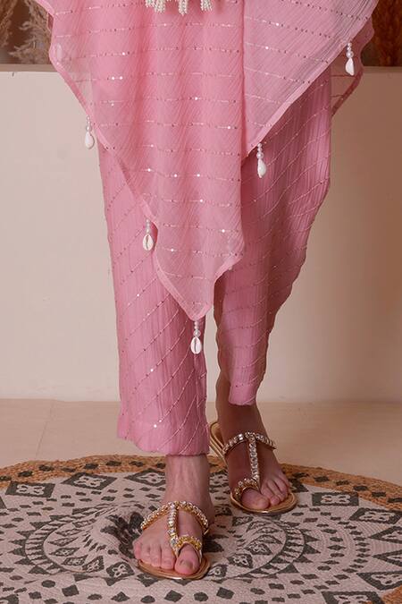 Buy_Surabhi Arya_Pink Chanderi, Cotton Gota Patti, Stripe Pattern Asymmetric Kurta And Pant Set _Online_at_Aza_Fashions