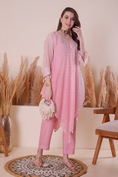 Surabhi Arya_Pink Chanderi, Cotton Gota Patti, Stripe Pattern Asymmetric Kurta And Pant Set _at_Aza_Fashions