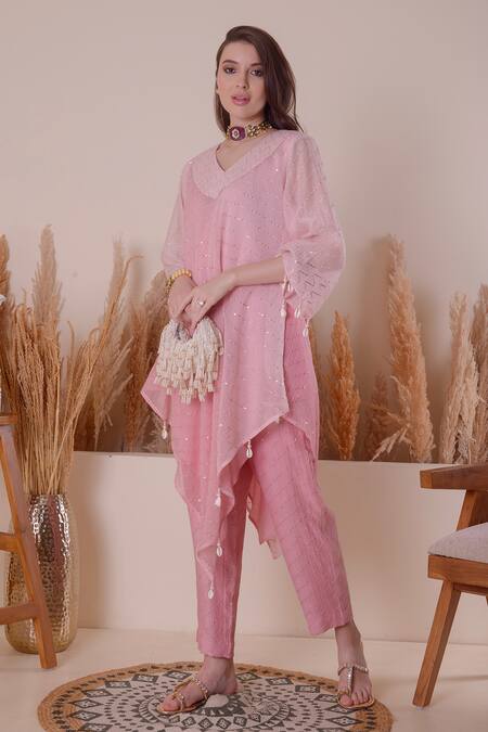 Buy_Surabhi Arya_Pink Chanderi, Cotton Gota Patti, Stripe Pattern Asymmetric Kurta And Pant Set 