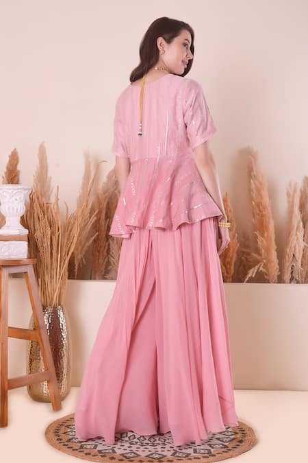 Shop_Surabhi Arya_Pink Chanderi, Georgette Gota Patti, Embroidered Peplum Kurta And Sharara Set _at_Aza_Fashions