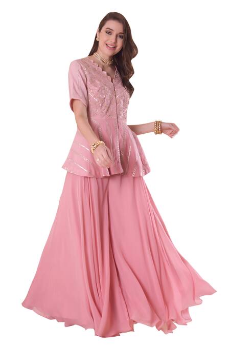 Shop_Surabhi Arya_Pink Chanderi, Georgette Gota Patti, Embroidered Peplum Kurta And Sharara Set _Online_at_Aza_Fashions