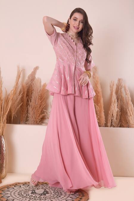 Surabhi Arya_Pink Chanderi, Georgette Gota Patti, Embroidered Peplum Kurta And Sharara Set _at_Aza_Fashions