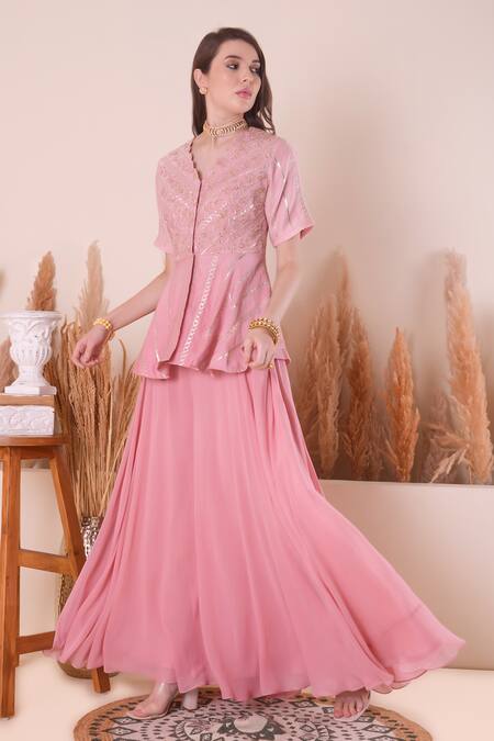 Buy_Surabhi Arya_Pink Chanderi, Georgette Gota Patti, Embroidered Peplum Kurta And Sharara Set 