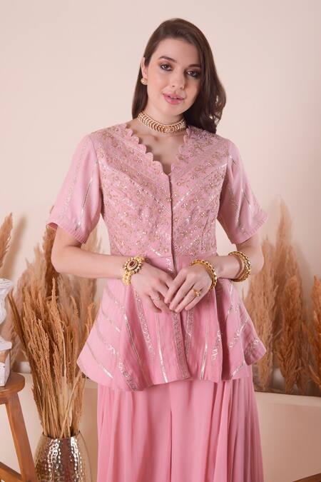 Shop_Surabhi Arya_Pink Chanderi, Georgette Gota Patti, Embroidered Peplum Kurta And Sharara Set 