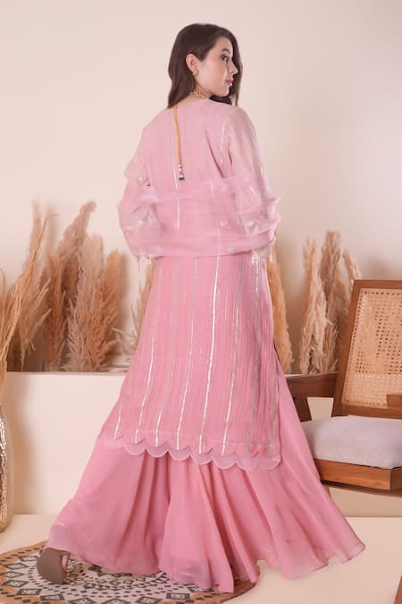Shop_Surabhi Arya_Pink Chanderi, Georgette, Organza Pearls, Embroidery, Gota Zari Work Kurta Set _at_Aza_Fashions