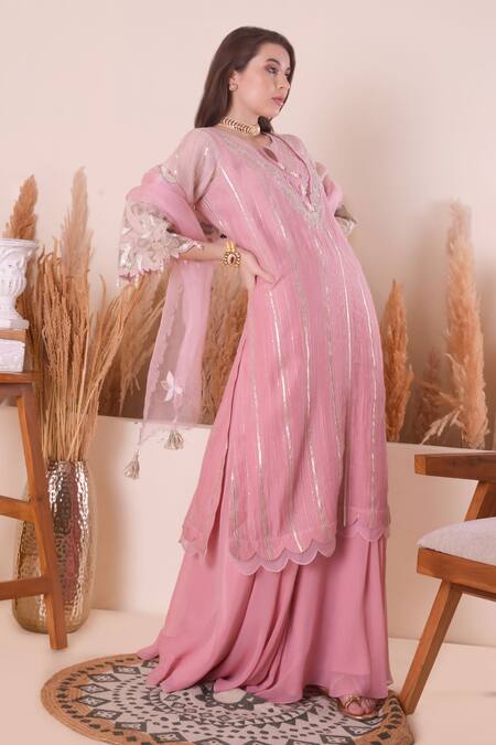 Buy_Surabhi Arya_Pink Chanderi, Georgette, Organza Pearls, Embroidery, Gota Zari Work Kurta Set _Online_at_Aza_Fashions
