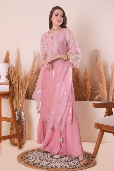 Shop_Surabhi Arya_Pink Chanderi, Georgette, Organza Pearls, Embroidery, Gota Zari Work Kurta Set _Online_at_Aza_Fashions