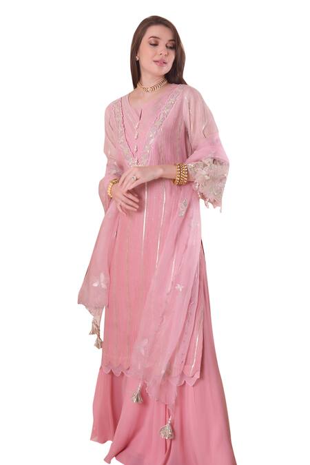 Surabhi Arya_Pink Chanderi, Georgette, Organza Pearls, Embroidery, Gota Zari Work Kurta Set _at_Aza_Fashions