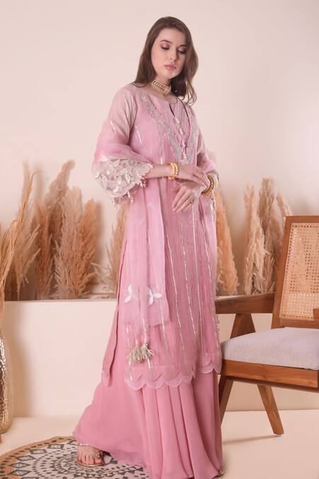 Buy_Surabhi Arya_Pink Chanderi, Georgette, Organza Pearls, Embroidery, Gota Zari Work Kurta Set 
