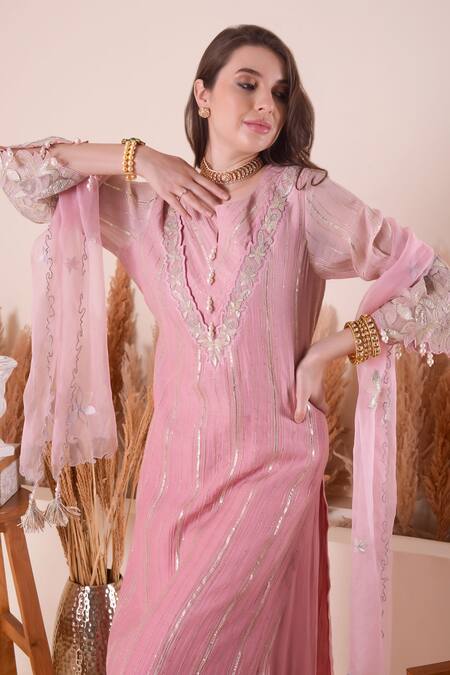 Shop_Surabhi Arya_Pink Chanderi, Georgette, Organza Pearls, Embroidery, Gota Zari Work Kurta Set 