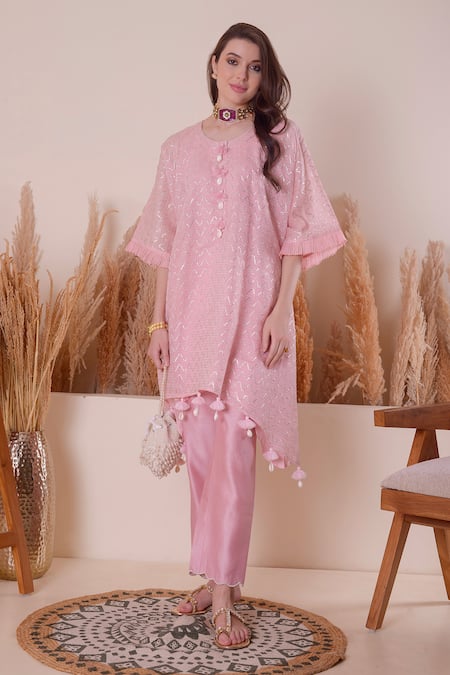 Surabhi Arya Pink Kurta And Pant Mul Chanderi Embroidery Gota Round Wave Work & Set 