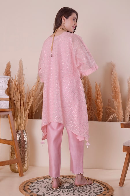 Shop_Surabhi Arya_Pink Chanderi, Cotton Tassels Round Neck Wave Gota Work Kurta And Pant Set _at_Aza_Fashions