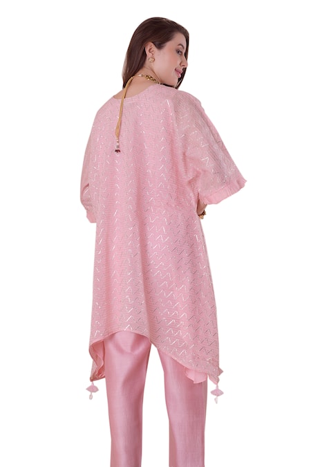 Surabhi Arya_Pink Chanderi, Cotton Tassels Round Neck Wave Gota Work Kurta And Pant Set _Online_at_Aza_Fashions