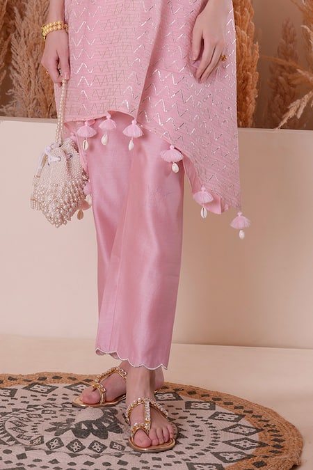 Buy_Surabhi Arya_Pink Chanderi, Cotton Tassels Round Neck Wave Gota Work Kurta And Pant Set _Online_at_Aza_Fashions
