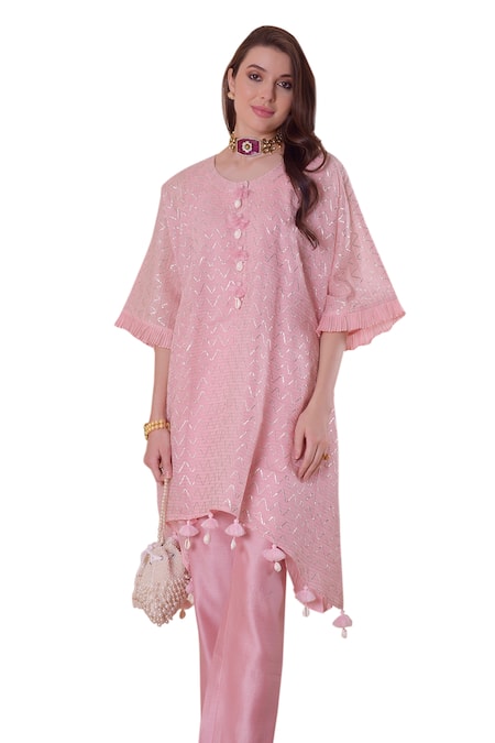 Shop_Surabhi Arya_Pink Chanderi, Cotton Tassels Round Neck Wave Gota Work Kurta And Pant Set _Online_at_Aza_Fashions