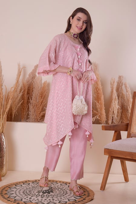 Surabhi Arya_Pink Chanderi, Cotton Tassels Round Neck Wave Gota Work Kurta And Pant Set _at_Aza_Fashions