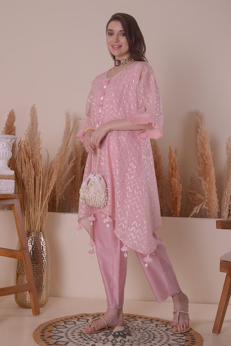 Buy_Surabhi Arya_Pink Chanderi, Cotton Tassels Round Neck Wave Gota Work Kurta And Pant Set 