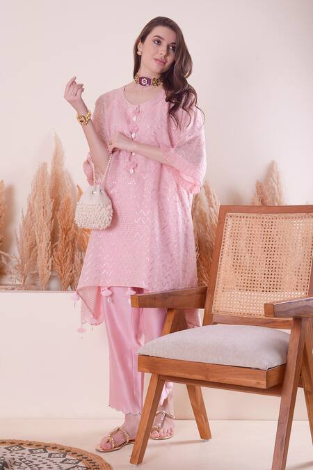Shop_Surabhi Arya_Pink Chanderi, Cotton Tassels Round Neck Wave Gota Work Kurta And Pant Set 