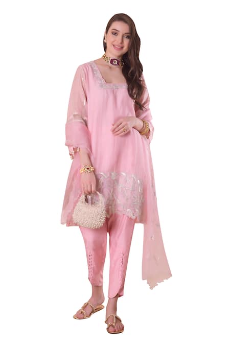 Buy_Surabhi Arya_Pink Chanderi, Organza Embroidery, Pearls, Gota Patti, Thread Kurta Set _Online_at_Aza_Fashions