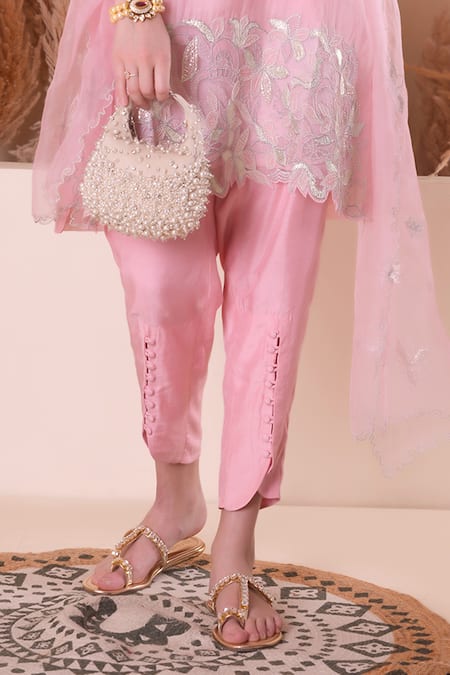 Shop_Surabhi Arya_Pink Chanderi, Organza Embroidery, Pearls, Gota Patti, Thread Kurta Set _Online_at_Aza_Fashions
