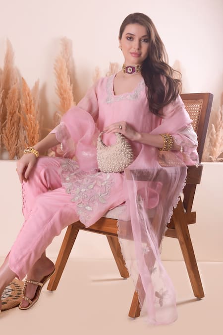 Shop_Surabhi Arya_Pink Chanderi, Organza Embroidery, Pearls, Gota Patti, Thread Kurta Set 
