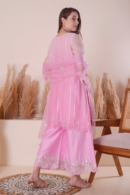 Shop_Surabhi Arya_Pink Chanderi, Organza Embroidery, Pearls, Gota Patti, Zari Kurta Palazzo Set _at_Aza_Fashions