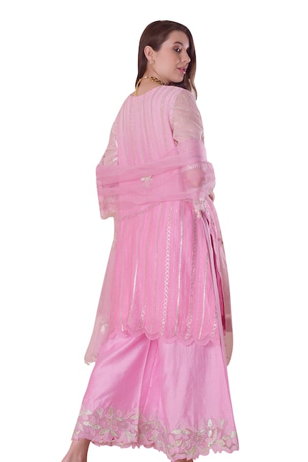 Surabhi Arya_Pink Chanderi, Organza Embroidery, Pearls, Gota Patti, Zari Kurta Palazzo Set _Online_at_Aza_Fashions