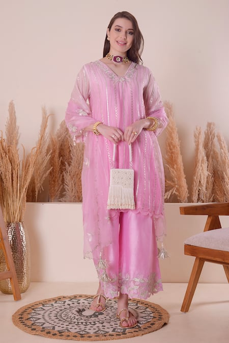 Buy_Surabhi Arya_Pink Chanderi, Organza Embroidery, Pearls, Gota Patti, Zari Kurta Palazzo Set _Online_at_Aza_Fashions