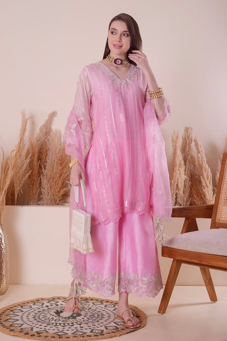 Shop_Surabhi Arya_Pink Chanderi, Organza Embroidery, Pearls, Gota Patti, Zari Kurta Palazzo Set _Online_at_Aza_Fashions