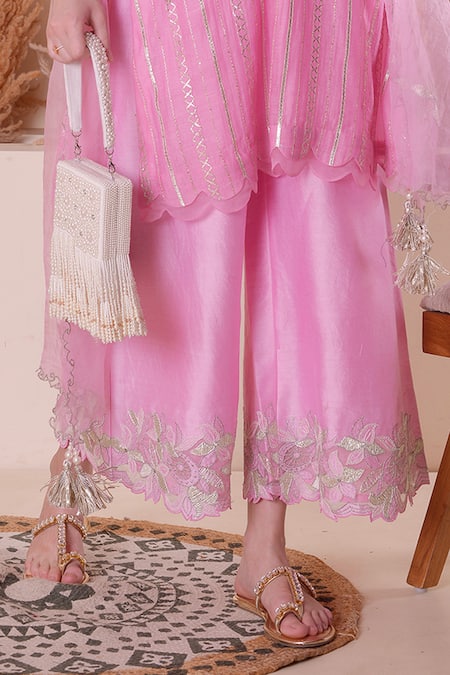 Surabhi Arya_Pink Chanderi, Organza Embroidery, Pearls, Gota Patti, Zari Kurta Palazzo Set _at_Aza_Fashions