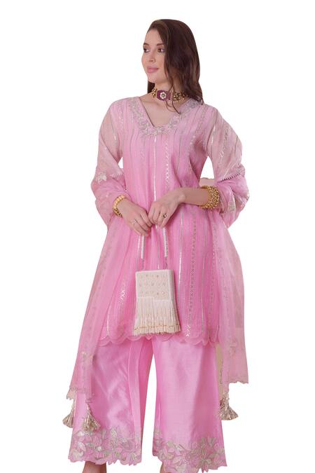 Buy_Surabhi Arya_Pink Chanderi, Organza Embroidery, Pearls, Gota Patti, Zari Kurta Palazzo Set 
