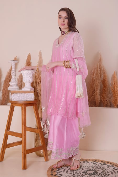 Shop_Surabhi Arya_Pink Chanderi, Organza Embroidery, Pearls, Gota Patti, Zari Kurta Palazzo Set 