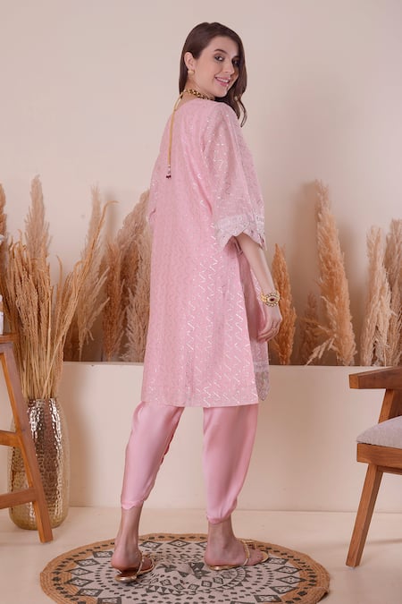Shop_Surabhi Arya_Pink Chanderi, Organza Gota Patti, Sequins, Mirrors, Border Kurta Set _at_Aza_Fashions