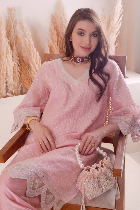Surabhi Arya_Pink Chanderi, Organza Gota Patti, Sequins, Mirrors, Border Kurta Set _Online_at_Aza_Fashions